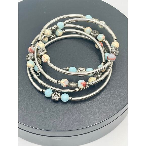 Coil Wrap Agate Seafoam Green Rose Pastel Accent Bracelet Memory Wire Bangle - Picture 9 of 9